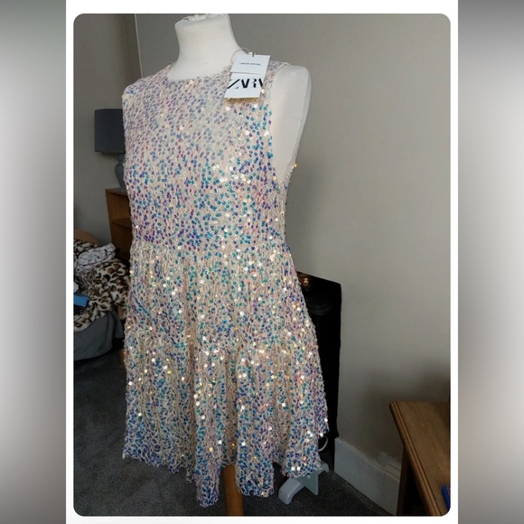 ZARA LIMITED EDITION RUFFLED SEQUIN DRESS IRIDESCENT NUDE - Picture 3 of 3